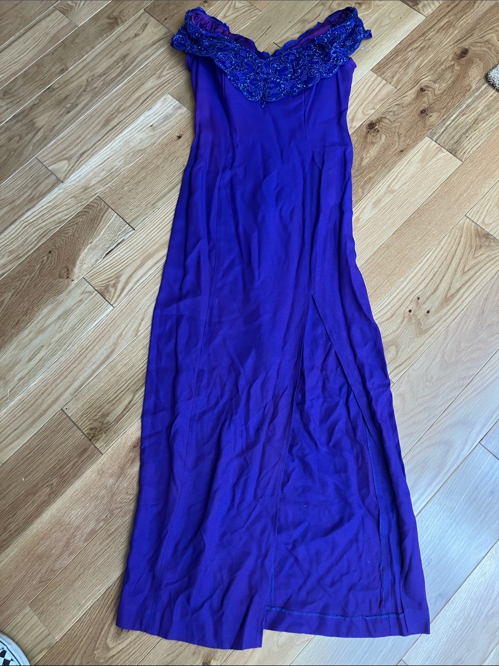 Vintage Purple Off-Shoulder Maxi Dress with Embellished Neckline